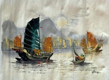 Original Artwork Oil Painting Chinese Junk Ship Boat Harbor Impressionist Signed