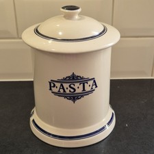 1869 VICTORIAN POTTERY PASTA STORAGE JAR 6.5" CREAM/BLUE EXCELLENT COND