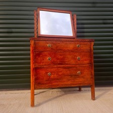 Vintage Carved Oak & Veneer Vanity Dressing Table Chest of 3 Drawers - 1930s/40s