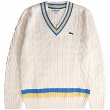 Lacoste V Neck Cable Knit Sweater Striped Wool Jumper Mens