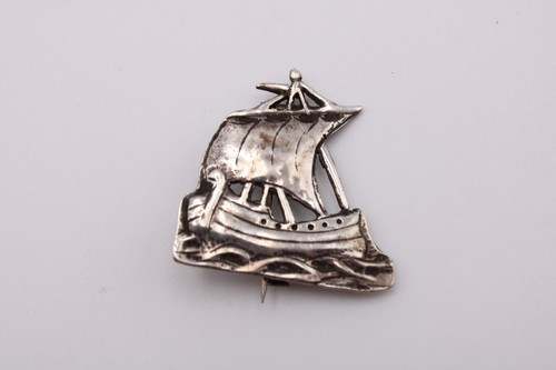 Silver viking ship brooch - silver,