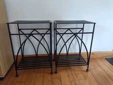 Vintage Pair Black Heavy Gothic Arch Style Cast Iron Bedside Tables Pick Up S75