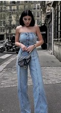 Zara Denim Strapless Wide Leg Jumpsuit  Uk XL Front Button Fastening