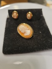 Cameo Gold Plated Brooch and Earrings Set