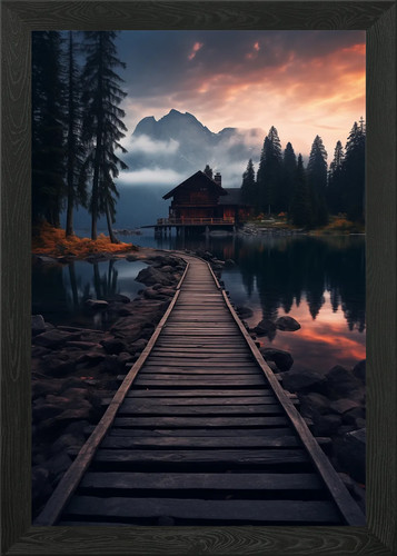 Lakeside cabin dusk framed - at,