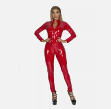 Women Shiny PVC Bodysuit Faux Leather Catsuit 2 Way Zip Long Sleeve Jumpsuit