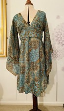 Boho Style Silk Dress Green And Brown Tones, Kimono Sleeves