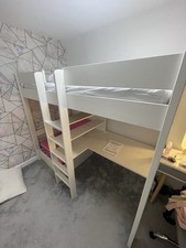 Stompa Uno White High Sleeper with Desk, Shelving & Pink Chair Bed & mattress