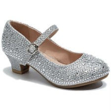 Girls Diamante Shoes Wedding Party Bridesmaid Low Heel Mary Jane Evening Sandals