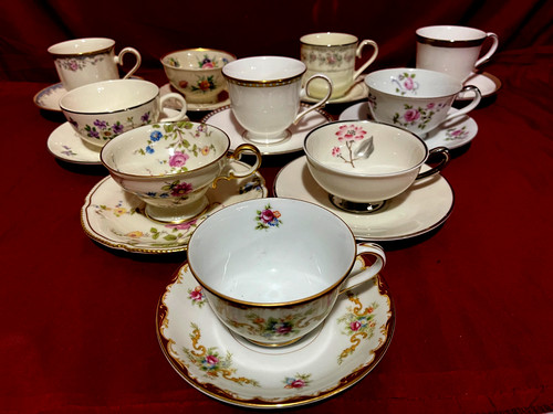Mismatched tea cups saucers - mismatched, &