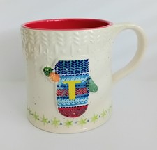 Anthropologie Large Xmas Christmas Mitten Mug Letter T