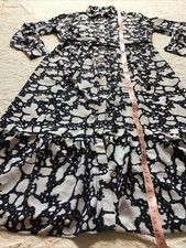 V Very Maxi Long Navy & Light Grey Patterned Dress Collared With Tie Belt Sz 16