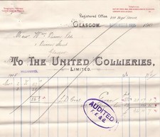 THE UNITED COLLIERIES LIMITED, Glasgow 1905 Coal & Wagon Hire invoice Ref 49218