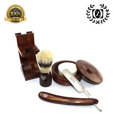 5 PC MEN'S WET CUT THROAT WOODEN STRAIGHT EDGE RAZOR SHAVING SET KIT SHAVE READY