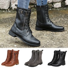 Women Mid-Calf Boots Lace Up Winter Boot Ladies Side Zipper Outdoor Casual Flat
