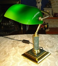 Vintage Green Glass Shade Bankers Desk Lamp with Marble and Brass Fittings