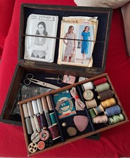 Vintage Walnut Wooden Dressmakers Workbox With Nice Selection of Contents