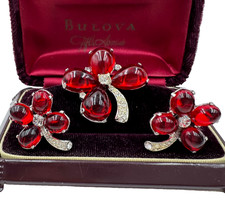 RARE DEMI PARURE VNTG SET FLOWERS EARRINGS BROOCH XL RED GLASS CABOCHONS CRYSTAL