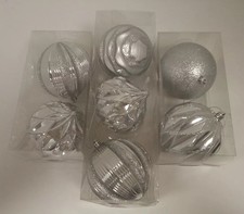 Christmas Baubles Set of 7 Silver Glitter Ornaments - NEW