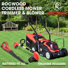 Cordless Lawnmower Trimmer & Blower RocwooD 20V 33CM Cutting Width 2x Batteries