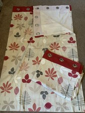 220 Cm Wide By 180 Cm Drop Red And Beige Pair Of Curtains Eyelet Leaf Design