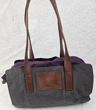 KIPLING Medium Tote Shoulder Bag Grey & Purple Nylon Brown Leather Handles 