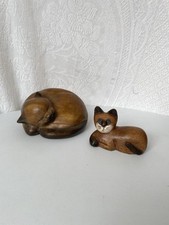 Vintage Wooden Cat Figurines Handmade Carved Sleeping Cat & Small Sitting Cat