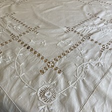  Vintage White Tablecloth  with Drawn Thread Work & Raised Embroidery.