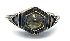 Antique Deco Filigree Sterling Silver Faux Diamond Ring Solitaire Size 4.5 #N511