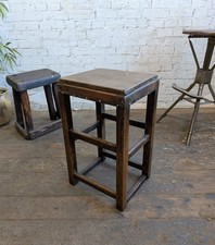 Vintage Oak Folk Art Industrial Factory Machinists Work Stool With Leather Seat