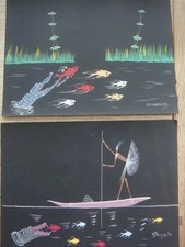 PAIR OF VINTAGE AFRICAN TRIBAL PAINTINGS, WATERCOLOURS, 1960s, SIGNED