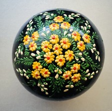 Trinket Pot Black Lacquered Hand Painted with Flowers Round Lidded Ring Box