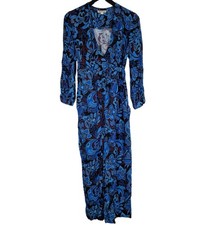Jumpsuit Wrap Evening Whistles Size 8 Blue Floral Cropped Wide Leg Party Smart
