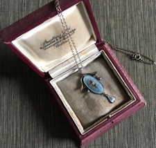Antique Charles Horner Silver & Turquoise Blue Guilloche Enamel Pendant Necklace
