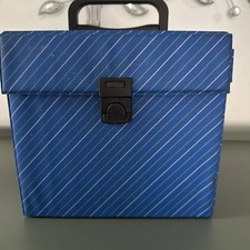 VINTAGE RETRO 1970S BLUE STRIPED 7" SINGLES VINYL RECORD STORAGE BOX CARRY CASE