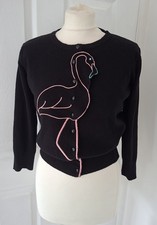 Women's Banned Retro Black Stretch Button-up Cardigan Embroidered Flamingo - S