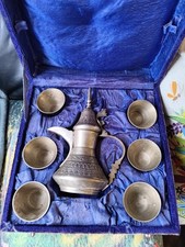 Vintage Arabian Dallah Middle Eastern Brass Etched Coffee Pot With 5 Cups 