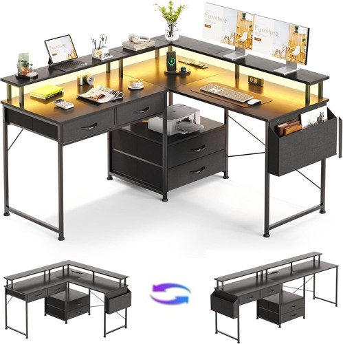 Shaped desk with - l, power