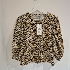Zara Size 12/14 Leopard Print Autumn Blouse 3/4 Puff Sleeve Button Up **New**