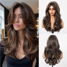 Costume Wig With Bangs Long Wavy Women Heat Resistant Hair Layered Mixed Brown