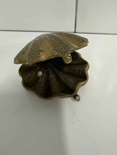Vintage Brass Sea Shell Clam Oyster Hinge Trinket Stash Box Coastal with pearl