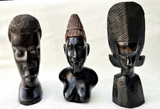 3 Vintage African hand carved ebony male and female busts - B25
