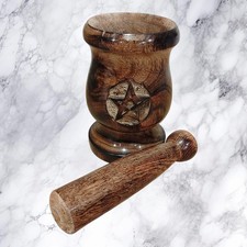 Pestle & Mortar MangoWood Pentagram Design Pagan Witches Ritual Potion Spell
