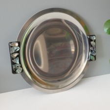 Vintage Serving Tray Abalone Resin Handles Round Silver MCM Modernist Retro