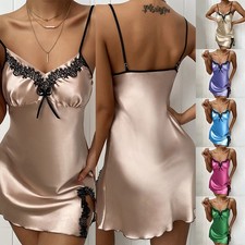UK Womens Sexy Satin Silk Chemise Lingerie Cami Nightdress Slip Dress Nightwear