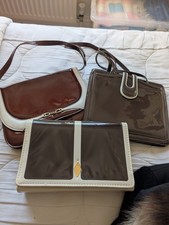 Vintage Cream And Brown Patent Clutch Bag With Detachable Shoulder Straps.