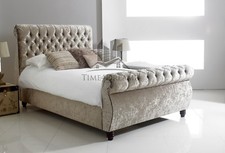 New Diamond Sleigh Scroll Chesterfield Upholstered Designer Crushed Velvet Bed