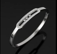 CUBIC ZIRCONIA CRYSTAL BLING SHINY SLIDING BANGLE CUFF STAINLESS STEEL BRACELET