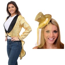 LADIES SEQUIN TAILCOAT AND MINI GLITTER TOP HAT CABARET FANCY DRESS COSTUME