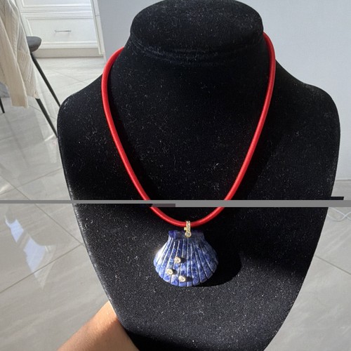 Red cord necklace blue shell - blue,